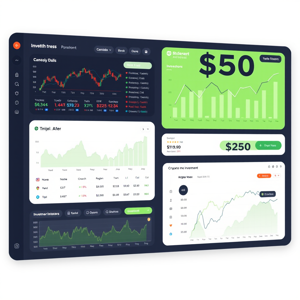 Modern investment dashboard showing Canadian investment opportunities, stock charts, ETF portfolios, and crypto trading interface with $250 starting investment highlighted