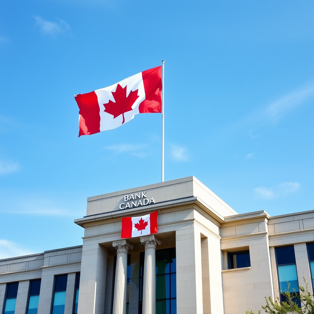 Bank of Canada headquarters building in Ottawa with Canadian flag, modern architecture against blue sky, representing monetary policy decisions