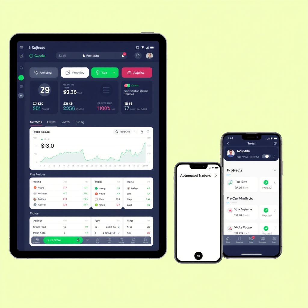 Modern digital investment platform interface showing portfolio analytics and automated trading features on multiple devices including smartphone and tablet