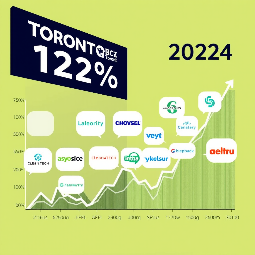 Toronto Stock Exchange technology sector performance chart showing 12% growth in November 2024 with AI and clean tech company logos overlaid on rising stock price graphs