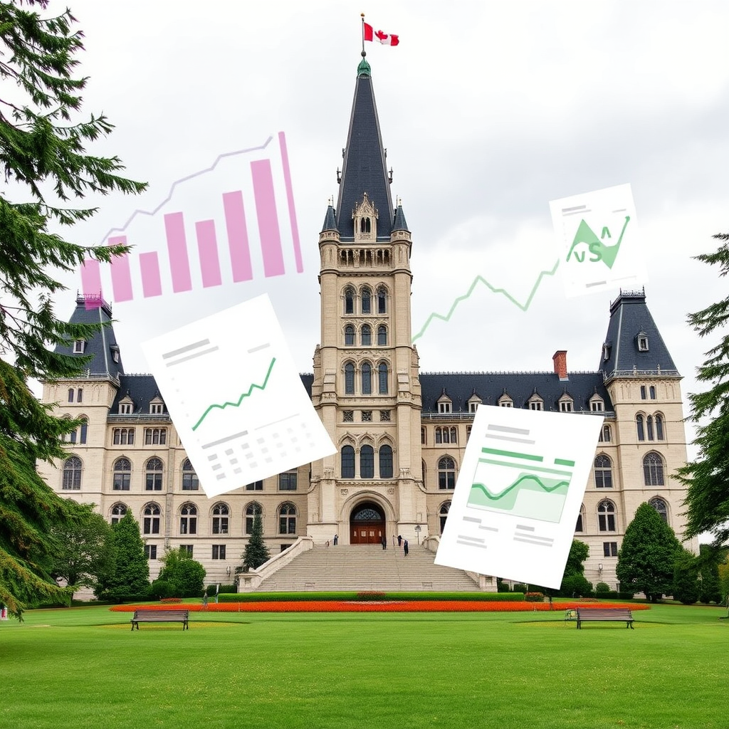 Canadian Parliament Building in Ottawa with financial charts, tax documents, and investment symbols overlaid, representing federal budget proposals affecting investment taxation