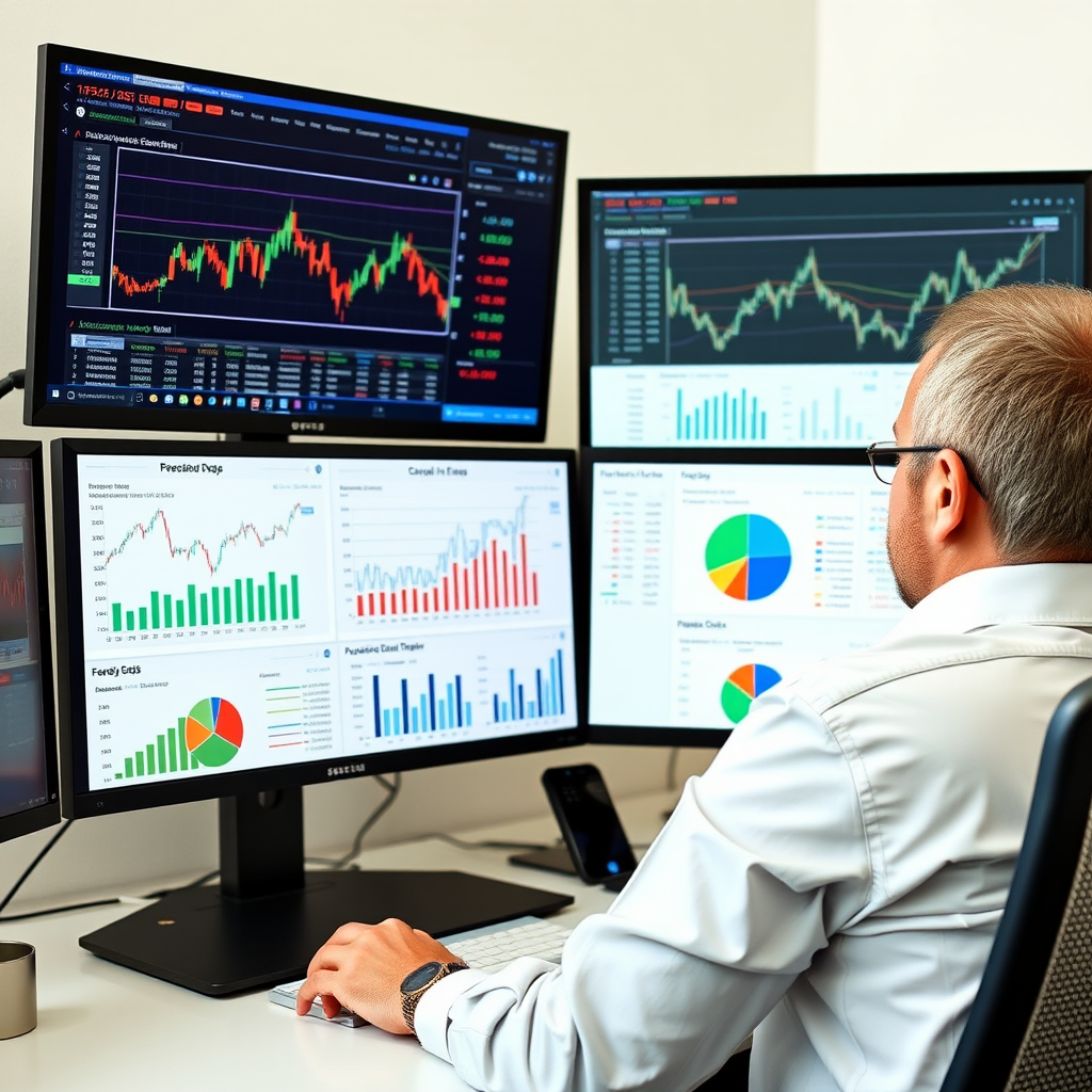 Professional financial analyst reviewing investment portfolio charts and graphs on multiple computer screens, showing Canadian stock market data, ETF performance metrics, and asset allocation pie charts
