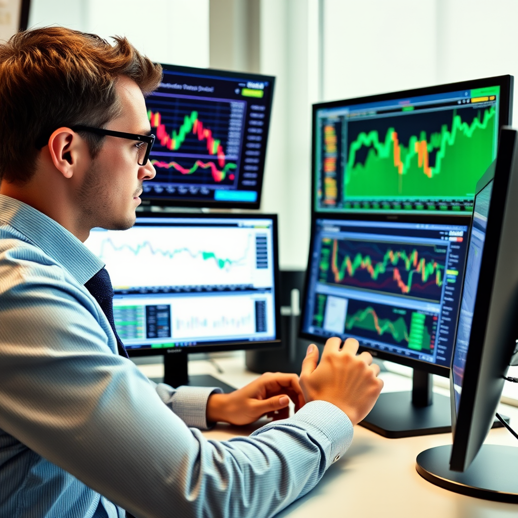 Professional financial analyst reviewing investment charts and market data on multiple computer screens