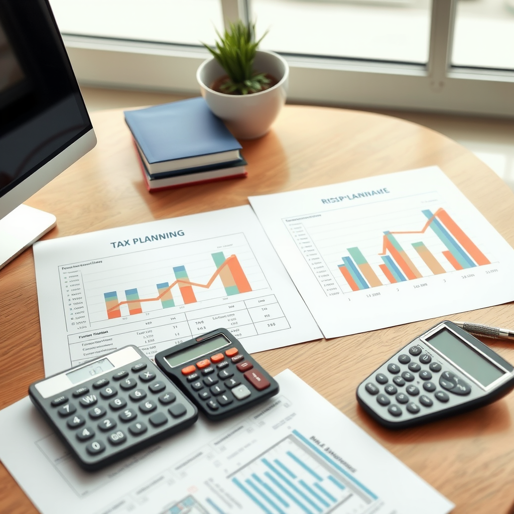 Professional tax planning charts showing RRSP, TFSA optimization strategies with Canadian investment documents and calculator on modern desk