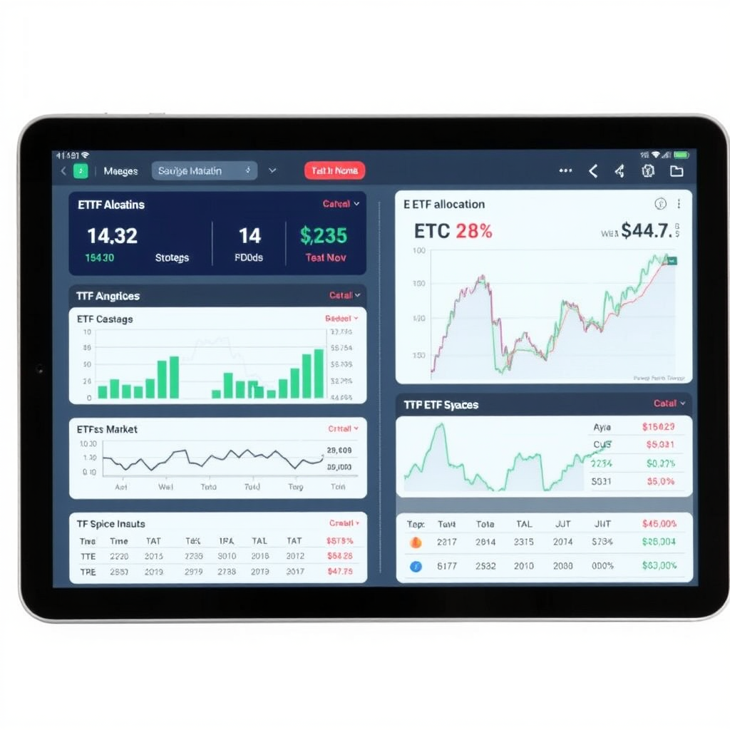 Modern investment portfolio showing ETF allocation charts and Canadian stock market data on a tablet screen