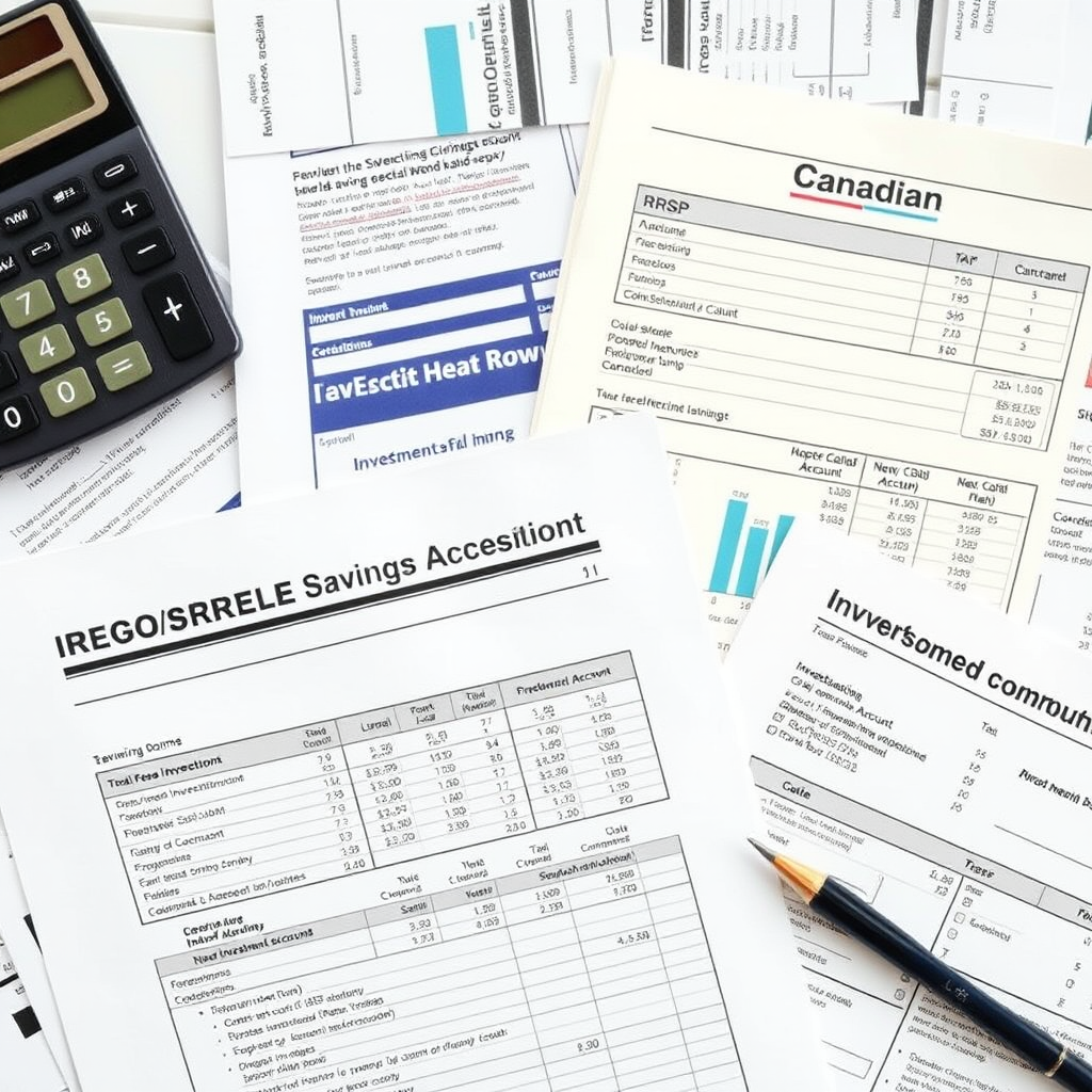 Tax-Free Savings Account and RRSP statements spread on a desk with a calculator, investment performance charts, and Canadian tax forms, illustrating registered account investment planning
