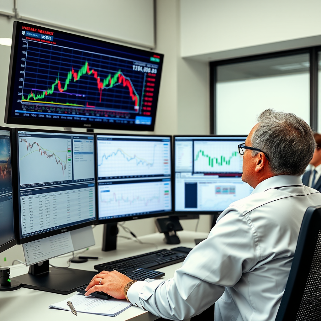 Investment research specialist analyzing Canadian market data with multiple monitors displaying stock charts, ETF performance, bond yields, and financial reports with TSX index information