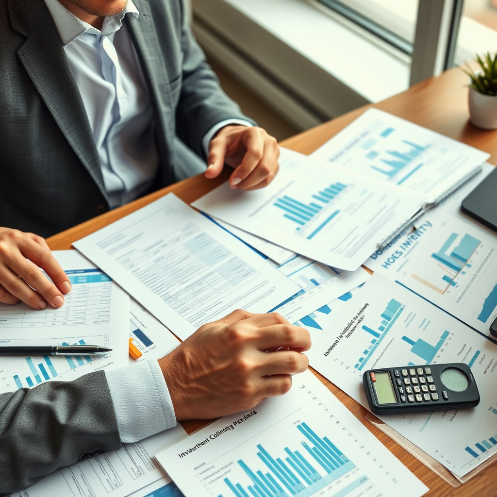 Investment professional conducting thorough due diligence research with financial documents, calculators, and market analysis reports spread across a desk