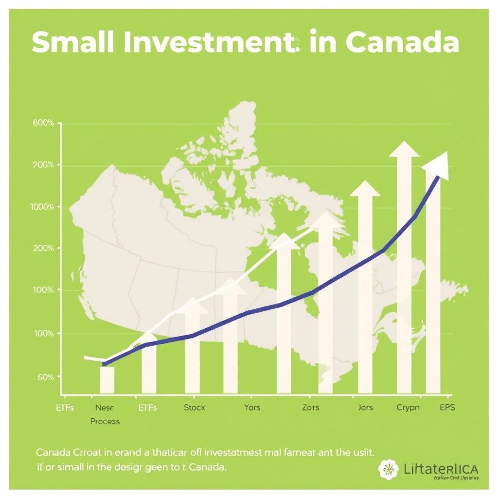 Graph showing growth potential of small investments in Canada, displaying various investment options like ETFs, stocks, and crypto with upward trending arrows