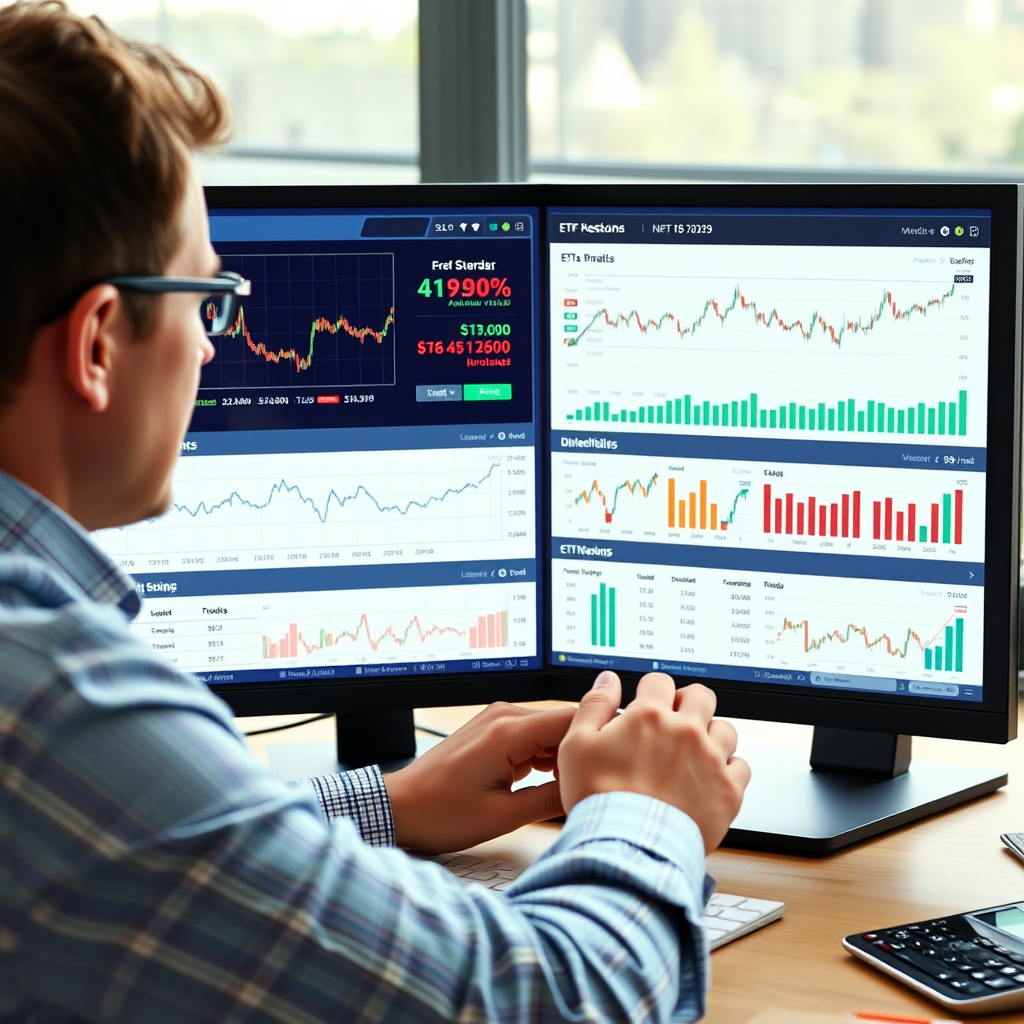 Canadian investor analyzing investment portfolio on computer screen showing ETF performance, dividend yields, and market analysis charts