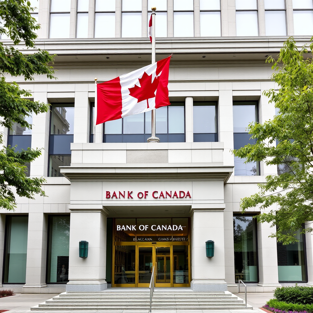 Bank of Canada headquarters building with Canadian flag, modern architecture, official government building facade, professional financial institution exterior