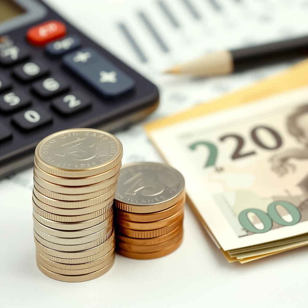 Stack of Canadian dollar coins and bills representing small investment amounts, with calculator and investment documents in background