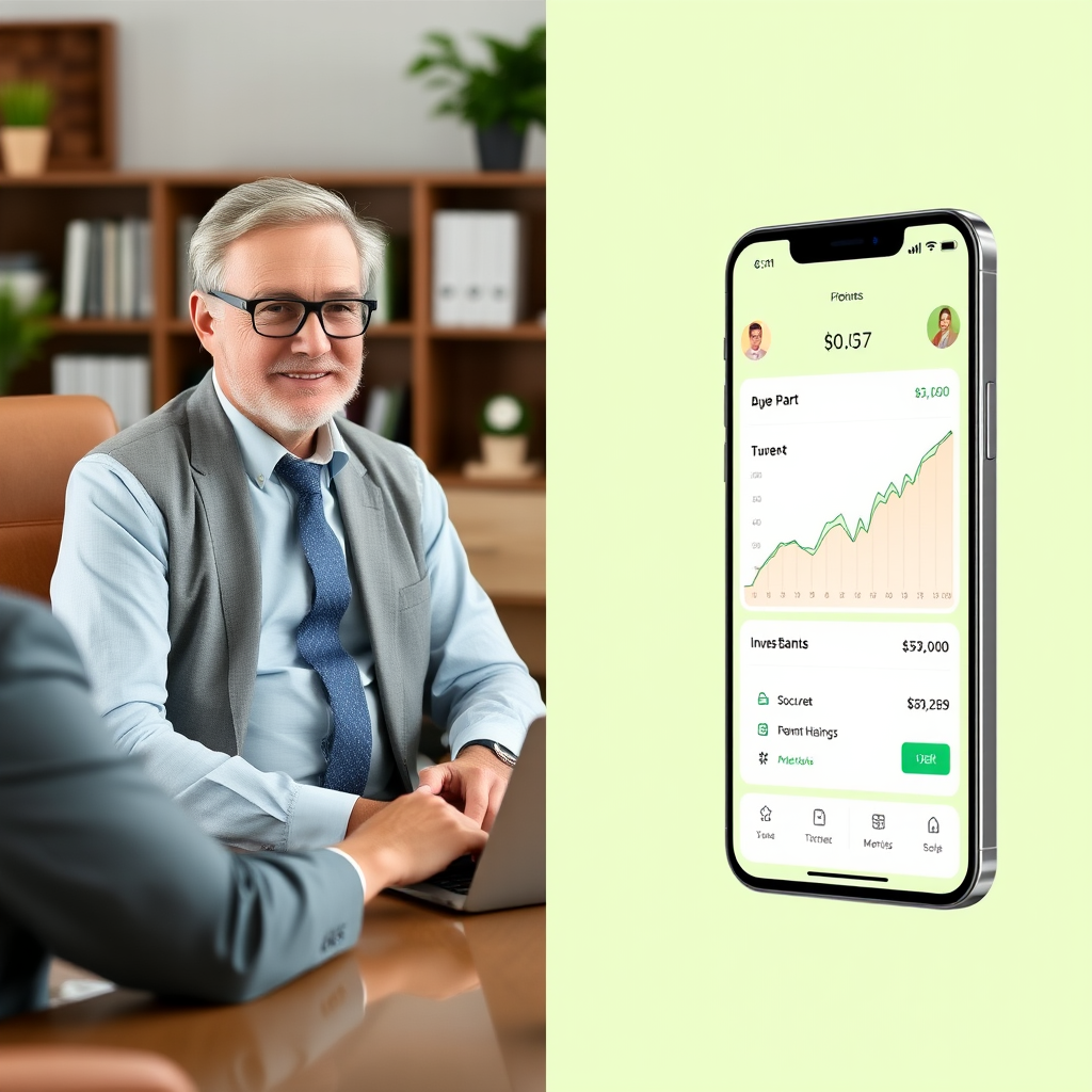 Split screen comparison showing traditional bank advisor meeting with client versus modern digital investment app interface