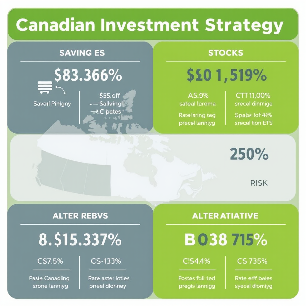 Canadian investment strategy infographic showing portfolio allocation between savings, stocks, ETFs and alternative investments with percentage breakdowns for different risk levels