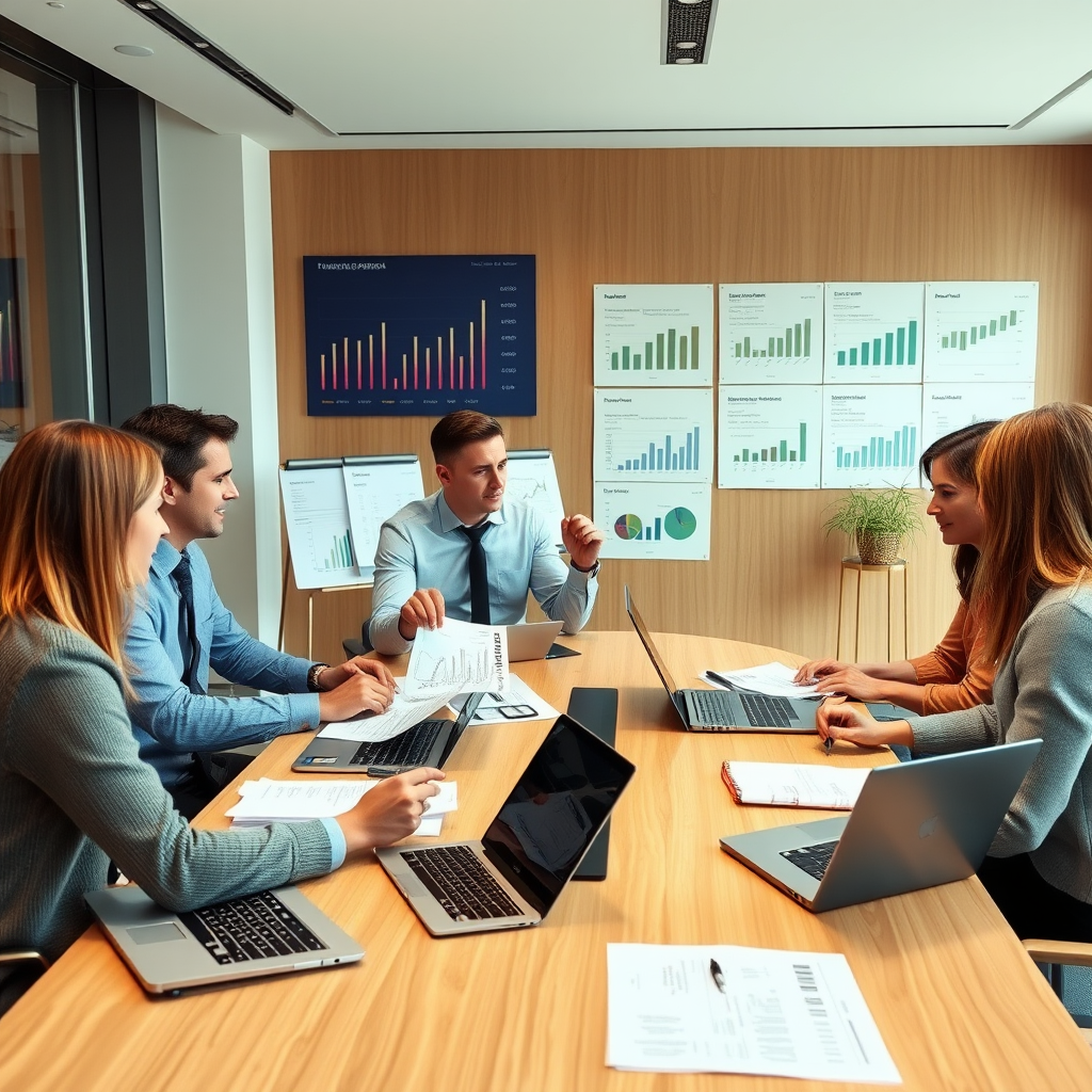 Professional financial advisor meeting with Canadian clients in a modern office, reviewing investment portfolios and tax documents on a conference table with laptops and financial charts displayed
