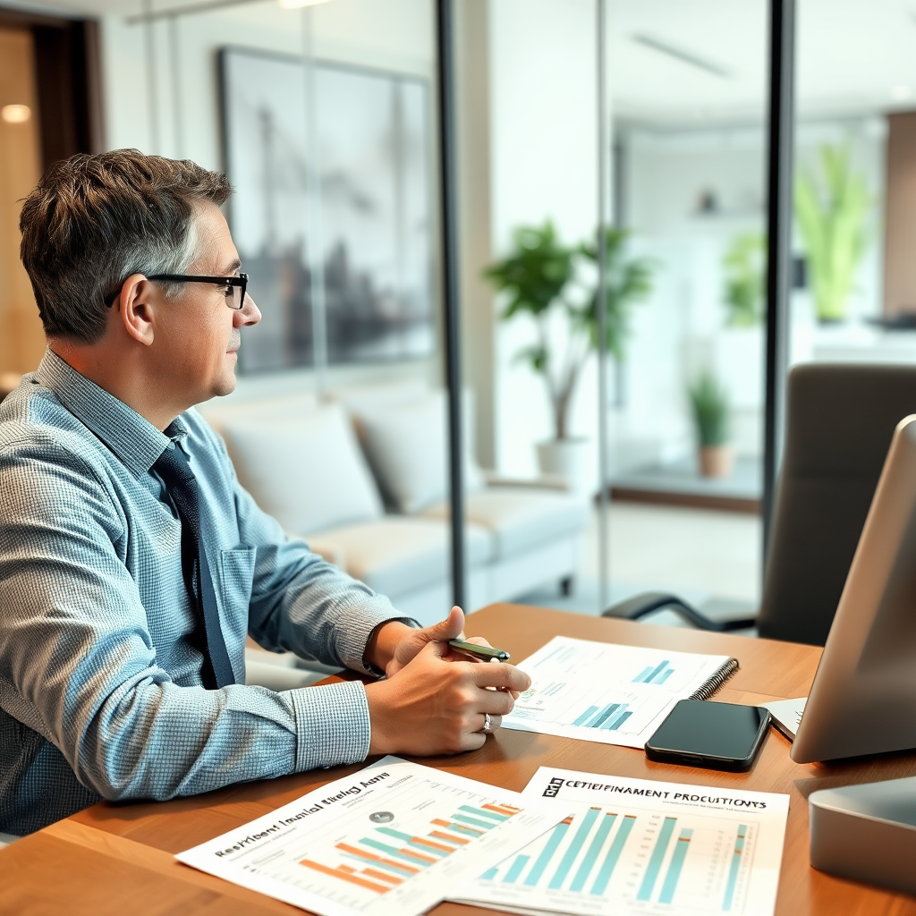 Certified financial advisor meeting with Canadian client in modern office, discussing investment strategies with documents showing RRSP, TFSA planning charts and retirement projections on desk