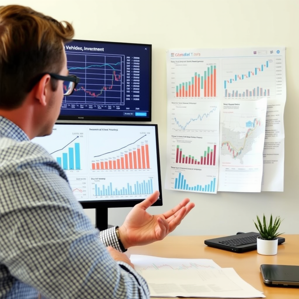 Canadian financial advisor explaining investment concepts to client using charts and graphs, showing various investment vehicles and market analysis tools