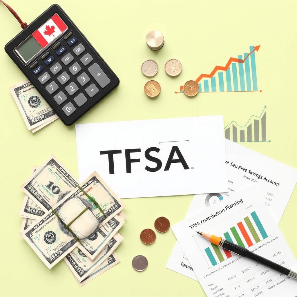 Tax-Free Savings Account concept with Canadian dollar bills, investment growth charts, calculator and financial documents, TFSA contribution planning materials