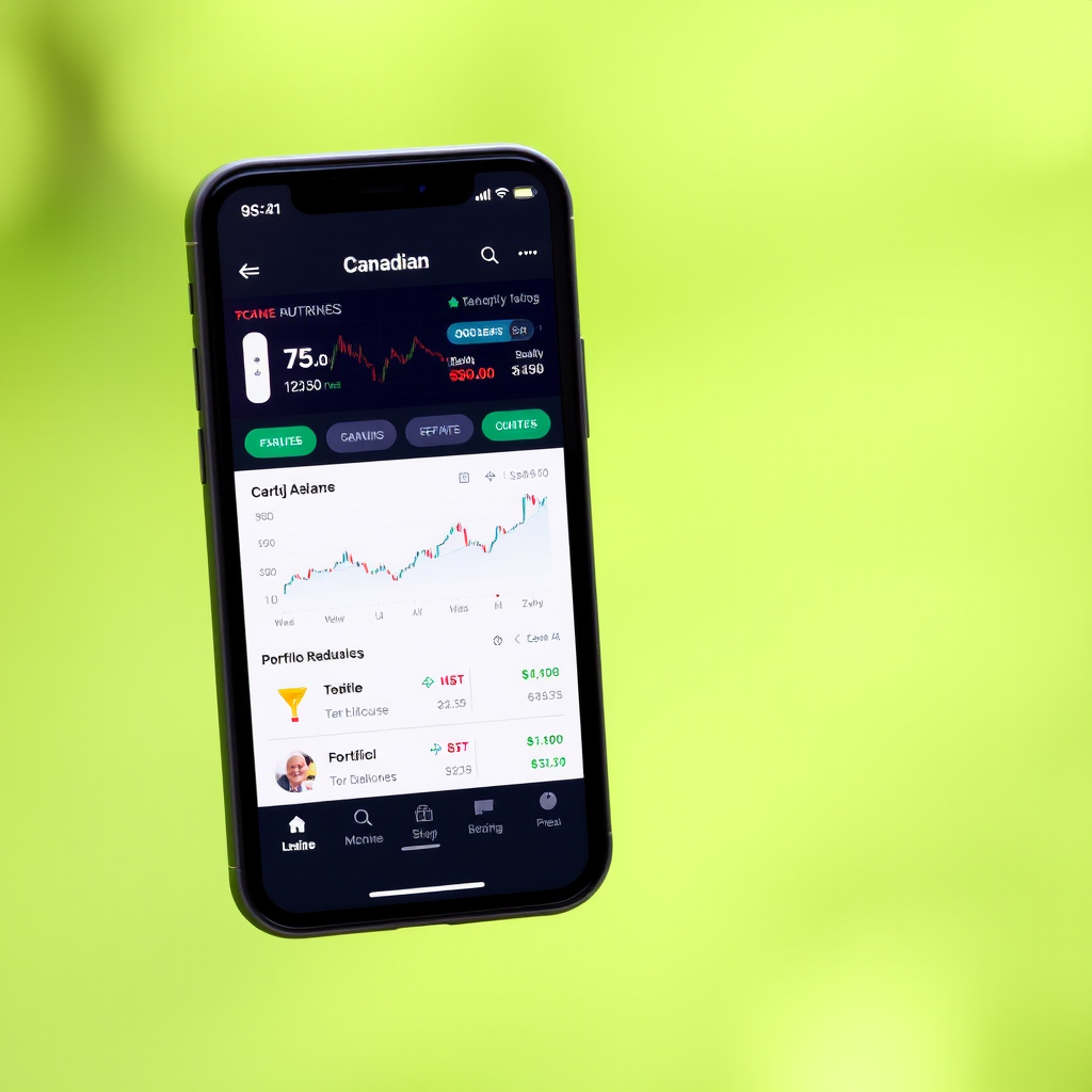 Smartphone displaying Canadian investment trading app interface with charts, portfolio balance, and buy/sell options