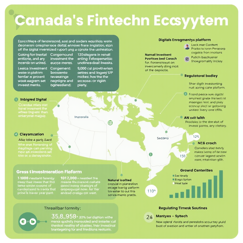 Infographic showing Canada's fintech ecosystem with various digital investment platforms, regulatory bodies, and growth statistics