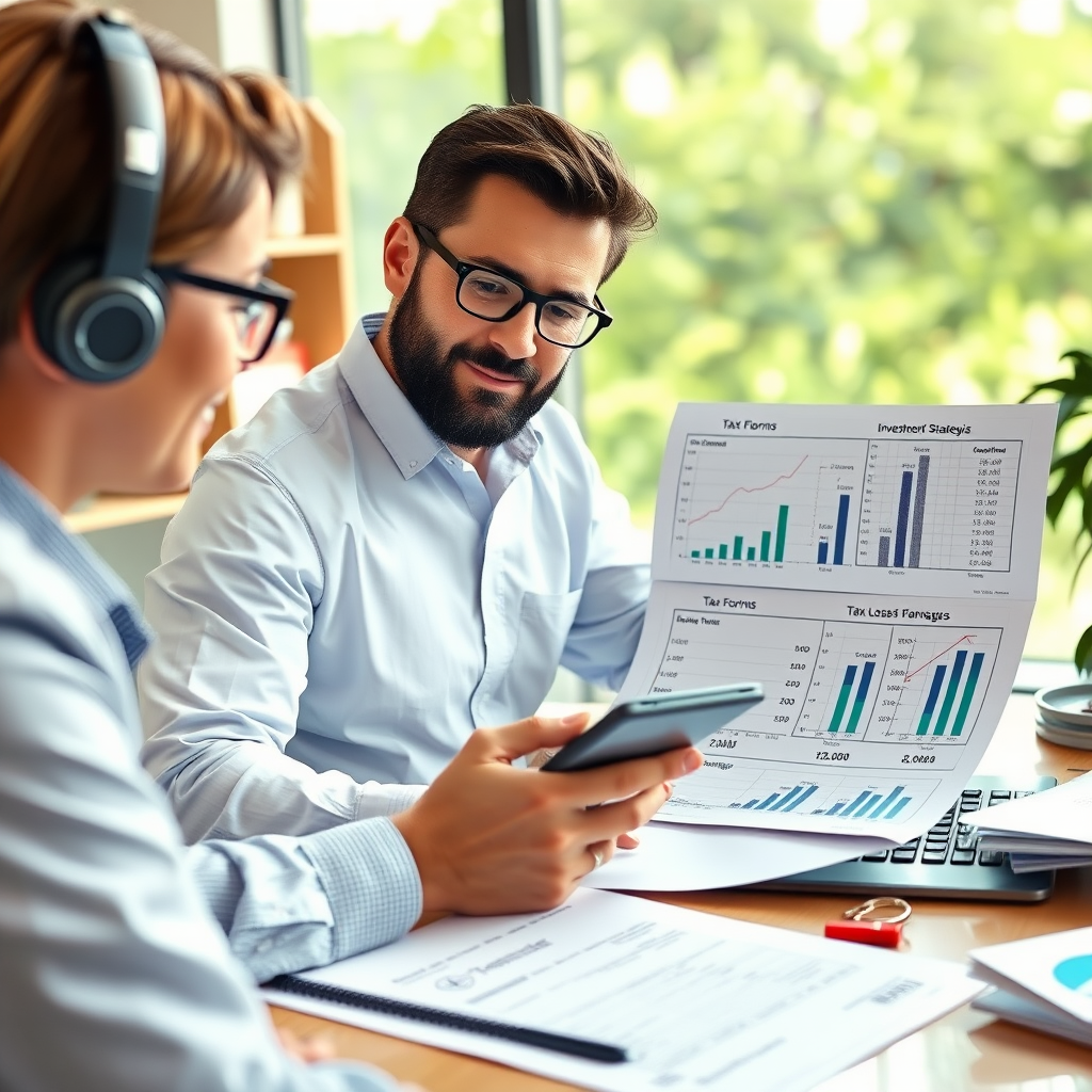 Tax specialist working on Canadian tax-efficient investment strategies with calculator, CRA forms, RRSP and TFSA documents, showing capital gains optimization charts and tax-loss harvesting calculations