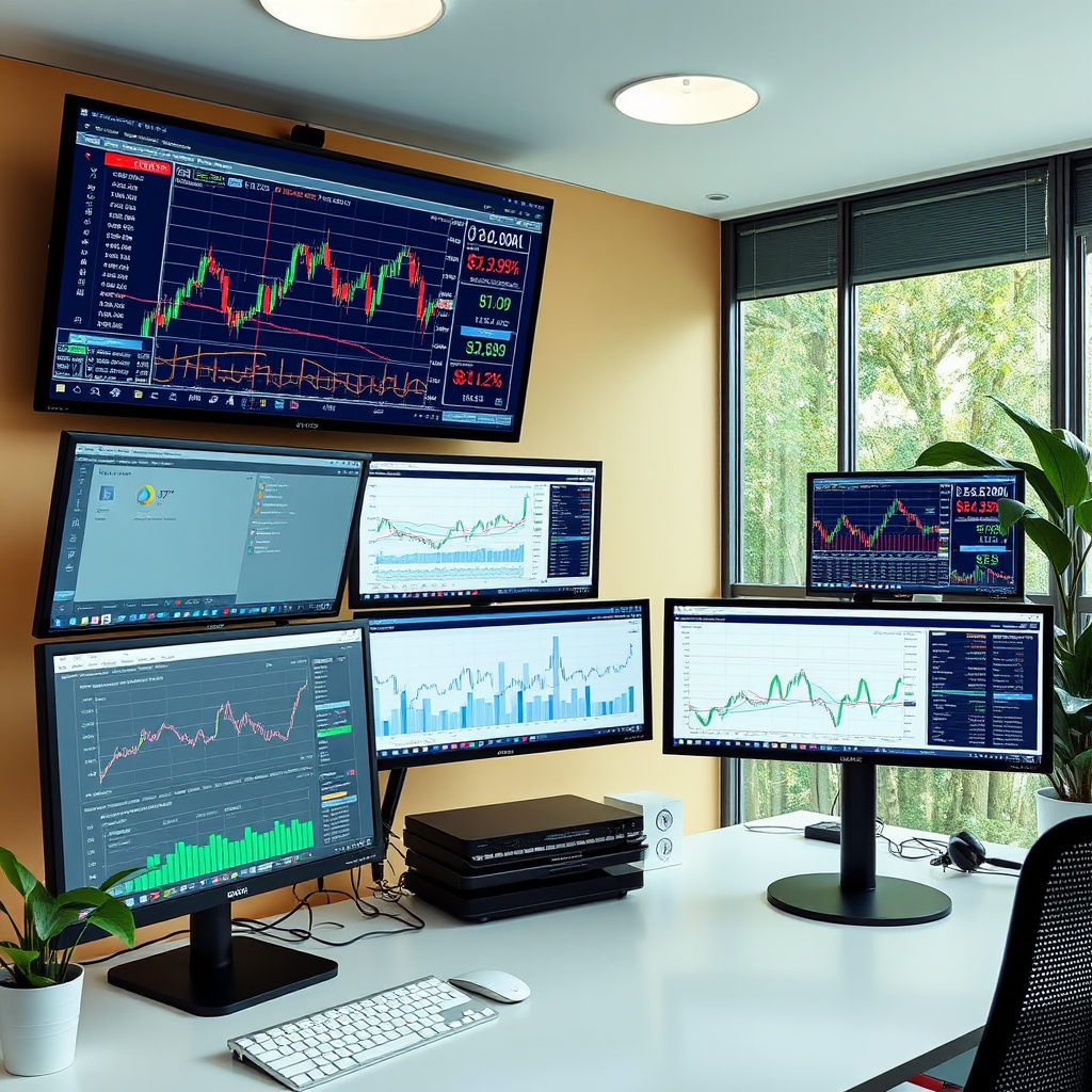 Modern financial technology setup with multiple monitors displaying real-time market data, trading algorithms, and investment analysis software