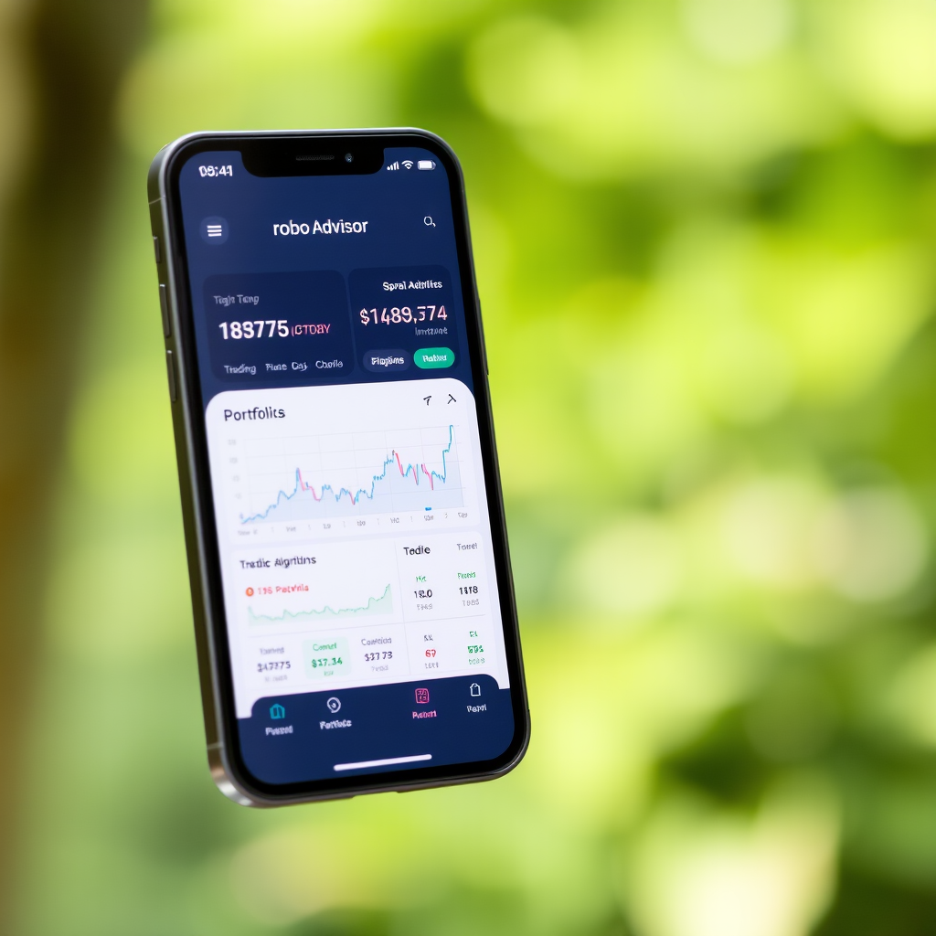 Modern smartphone displaying robo-advisor investment app interface with portfolio charts, automated trading algorithms visualization, digital investment platform dashboard