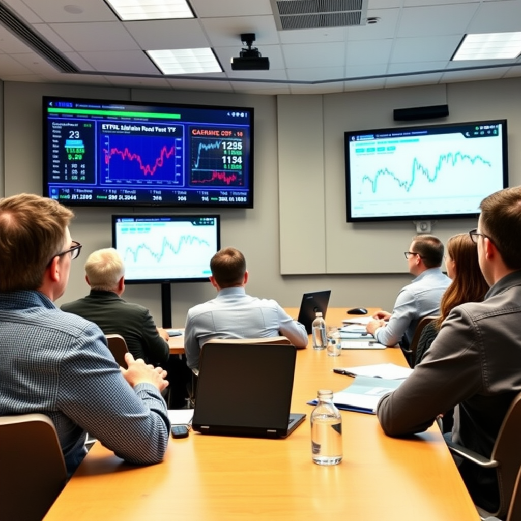 Interactive investment education workshop with Canadian investors learning about ETF selection, dividend investing, and portfolio rebalancing in modern classroom with presentation screens showing market analysis