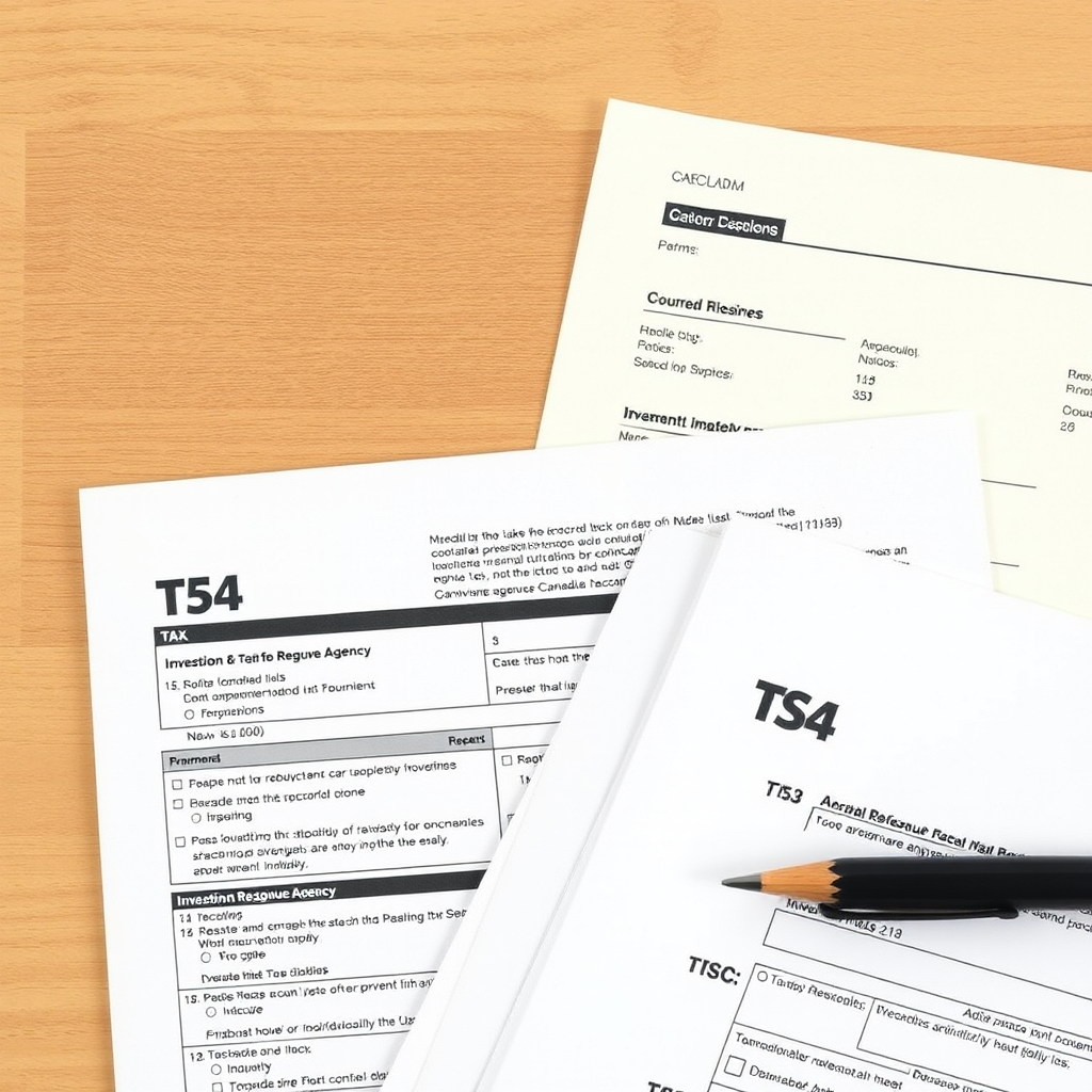 Canadian Revenue Agency tax forms T5, T3, and investment record keeping documents for tax compliance